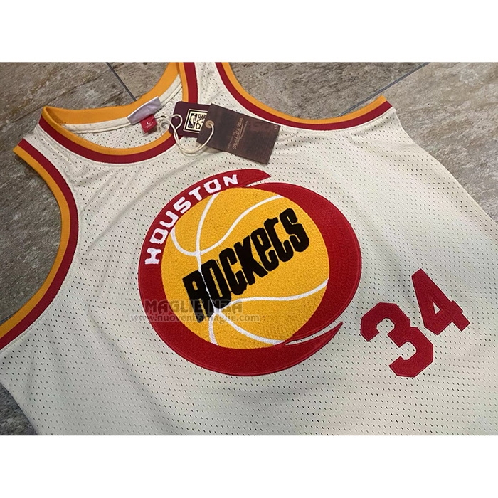 Maglia
 Hakeem Olajuwon NO 32 Houston Rockets Mitchell & Ness Chainstitch Crema
